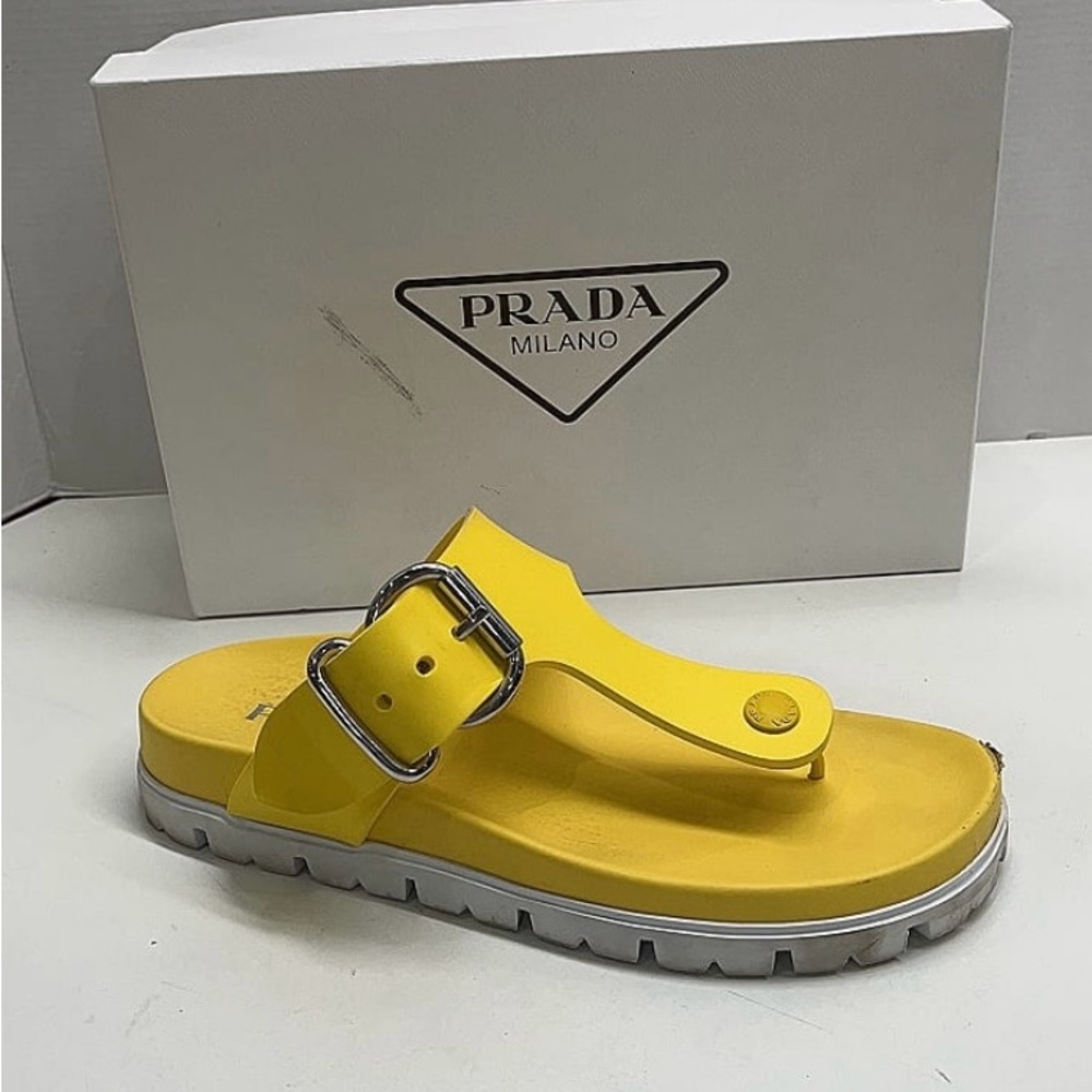 Prada Yellow Rubber Thong Sandals Lug Sole Buckle Slide Womens 39